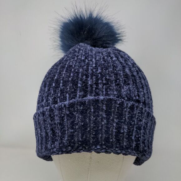 LOFT Beanie Hat Blue One Size Stretch Ribbed Knit Pom Pom Fleece Blank - Picture 2 of 9